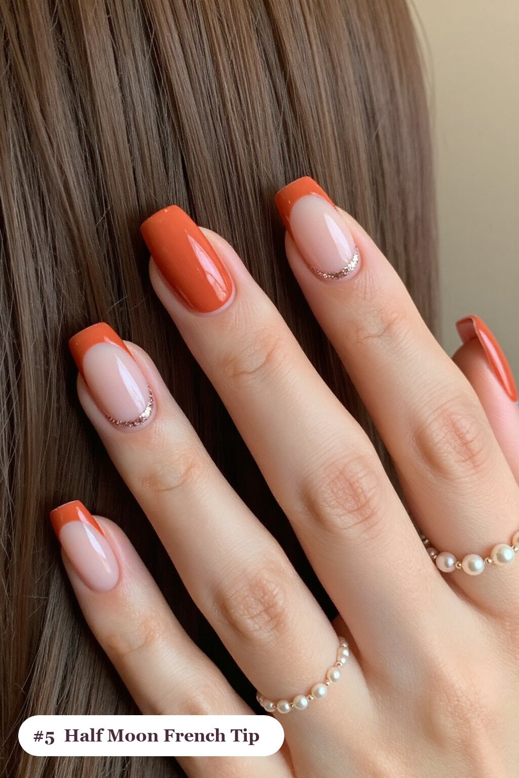 Coral Square French Tips Featuring a Glitter Crescent Half‑Moon - thanksgiving french tip nails