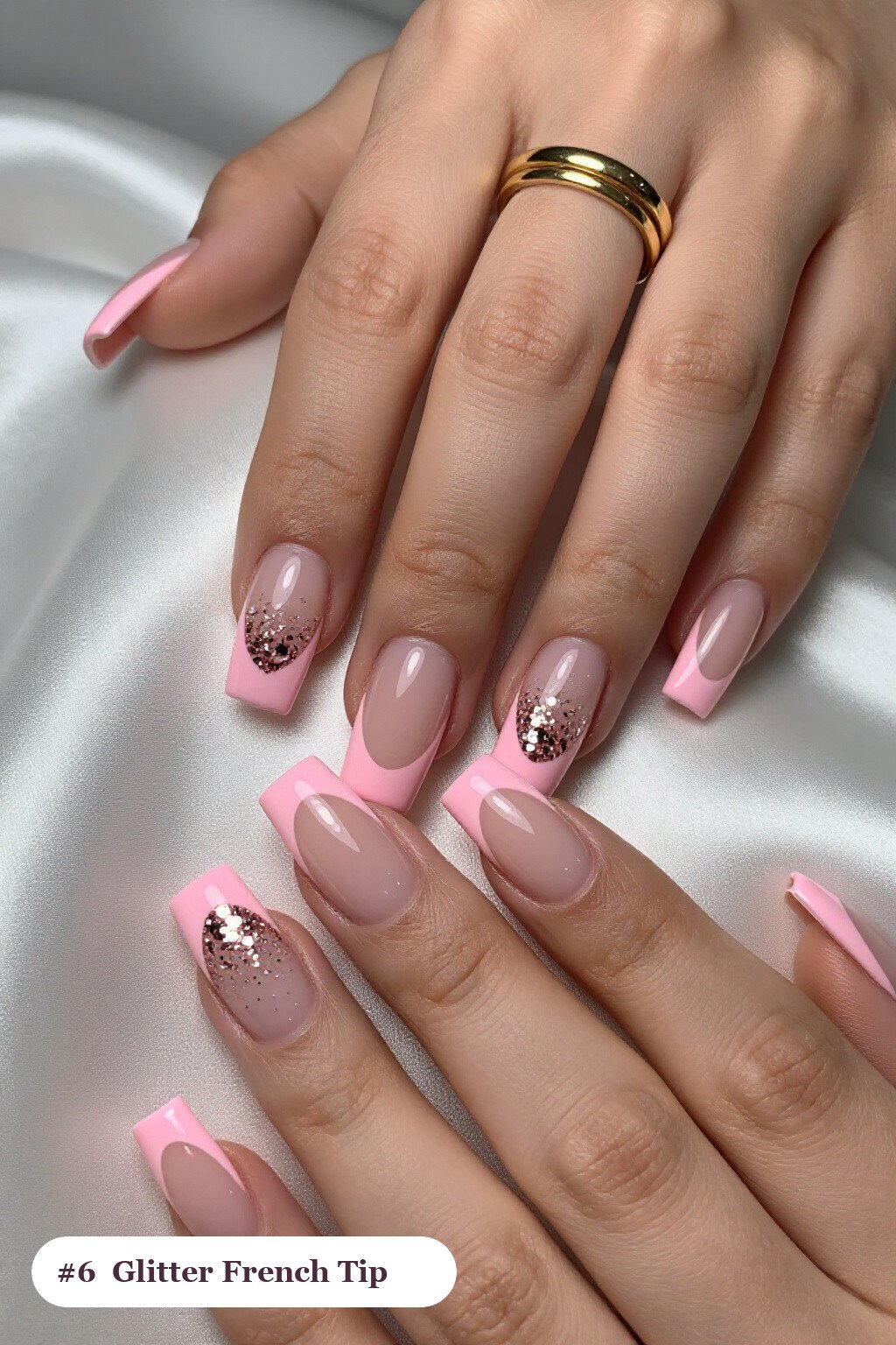 Thanksgiving French Tip Nails: Baby Pink Square with Gradient Glitter Sparkle - thanksgiving french tip nails