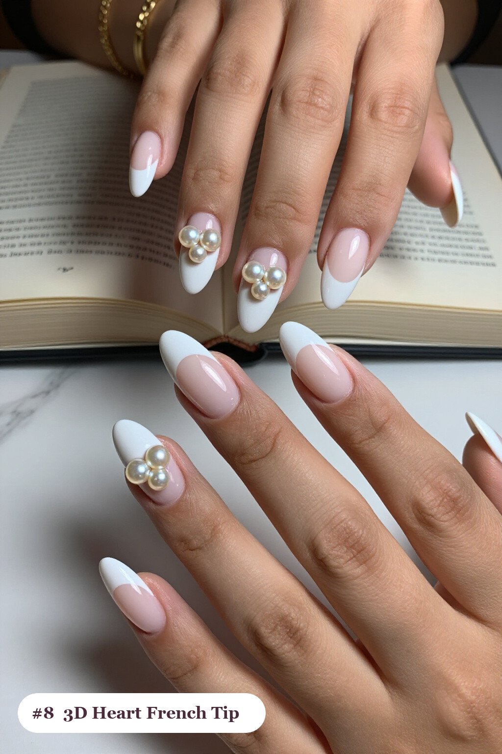 Milky White Coffin French Tips Adorned with 3D Hearts & Pearls - thanksgiving french tip nails