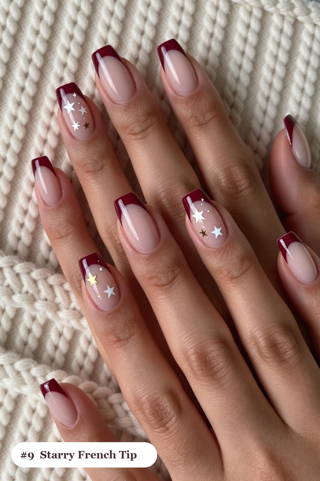Burgundy Square French Tips Covered in White & Gold Stars - thanksgiving french tip nails