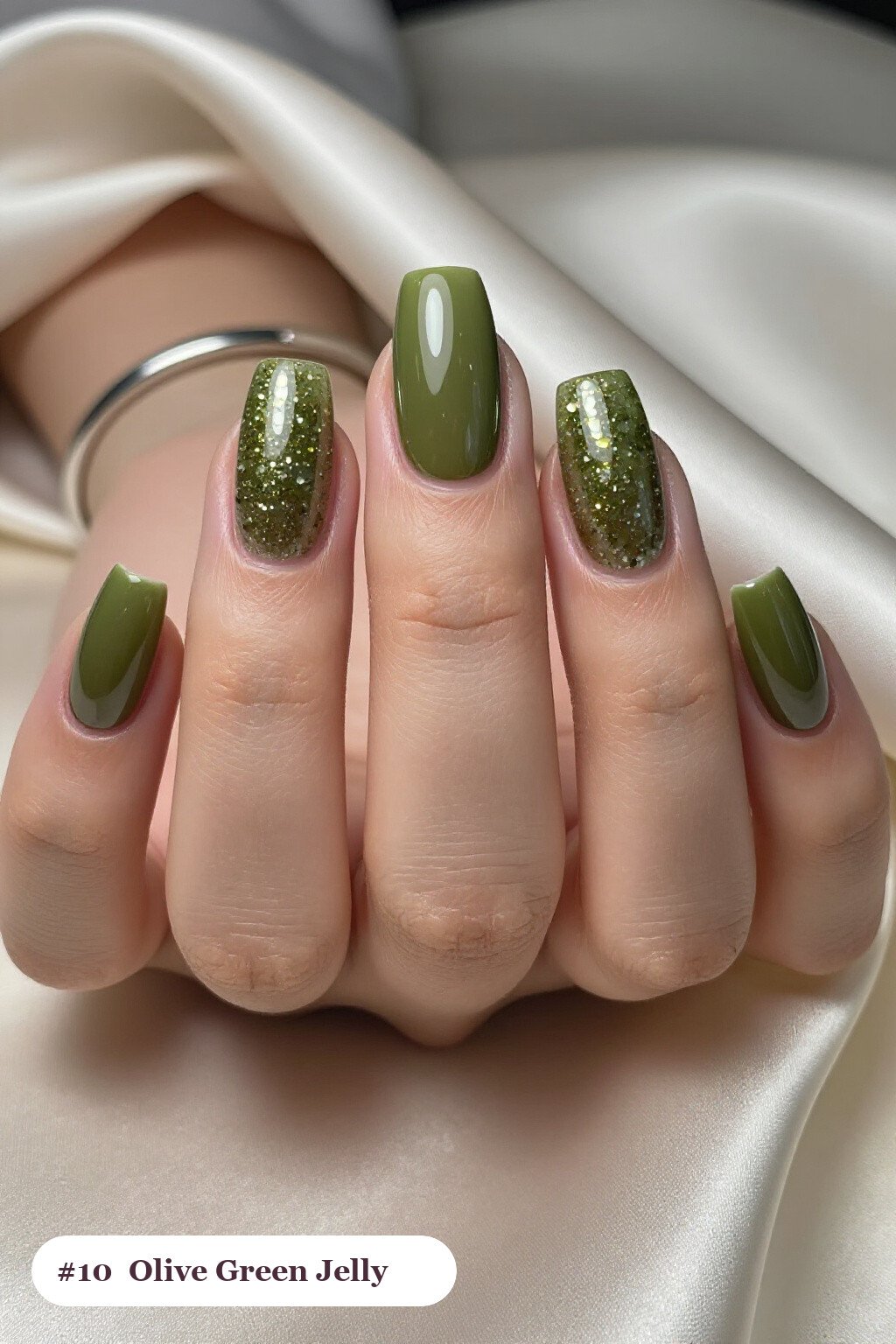 Olive Green Jelly Square Nails with Encapsulated Glitter - thanksgiving nail designs fall