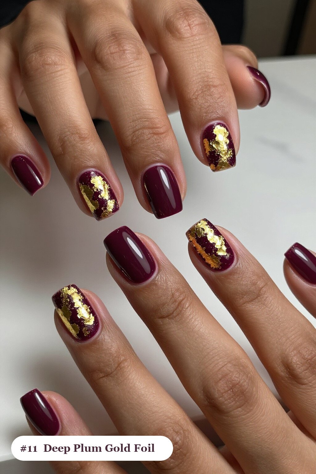 Deep Plum Gold Foil Squares: On Short Nails - thanksgiving nail designs fall