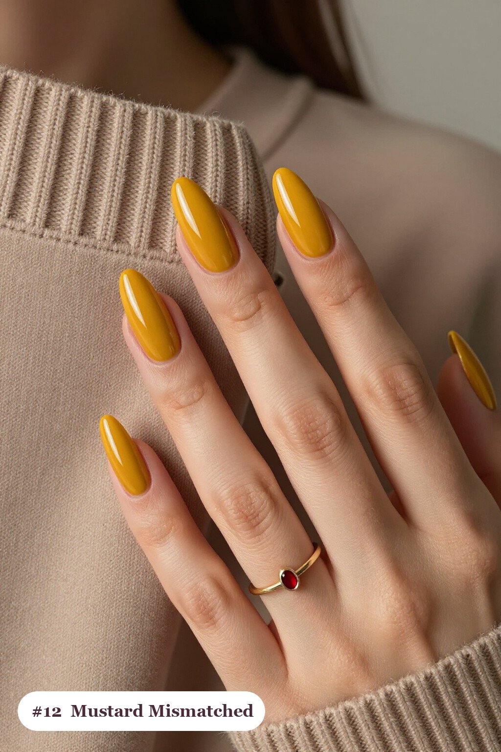Mismatched Mustard Almond Nails: Cohesive Colour Story, Varied Patterns - thanksgiving nail designs fall