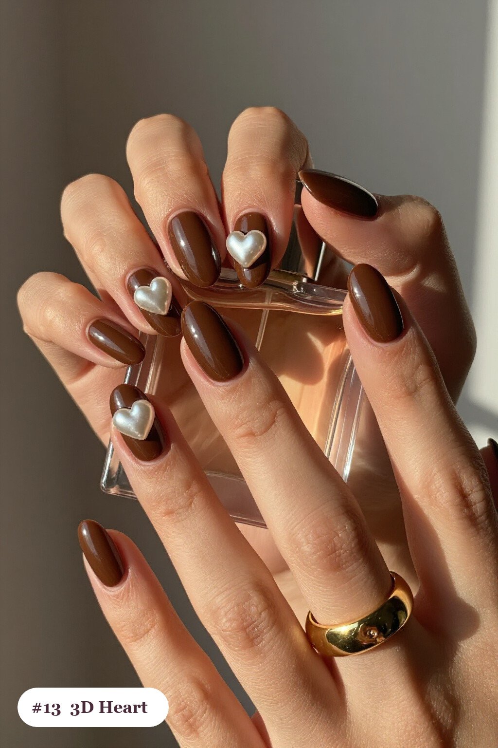 Chocolate Brown 3D Heart & Pearl Coffin Nails - thanksgiving nail designs fall
