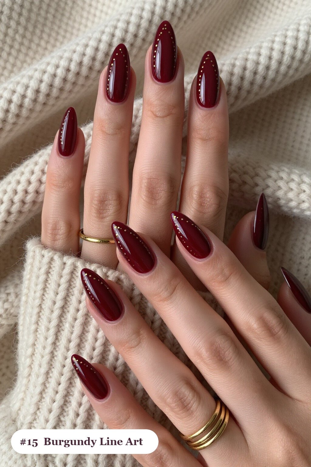 Burgundy Gold Line Art Stiletto Nails with Delicate Dots - thanksgiving nail designs fall