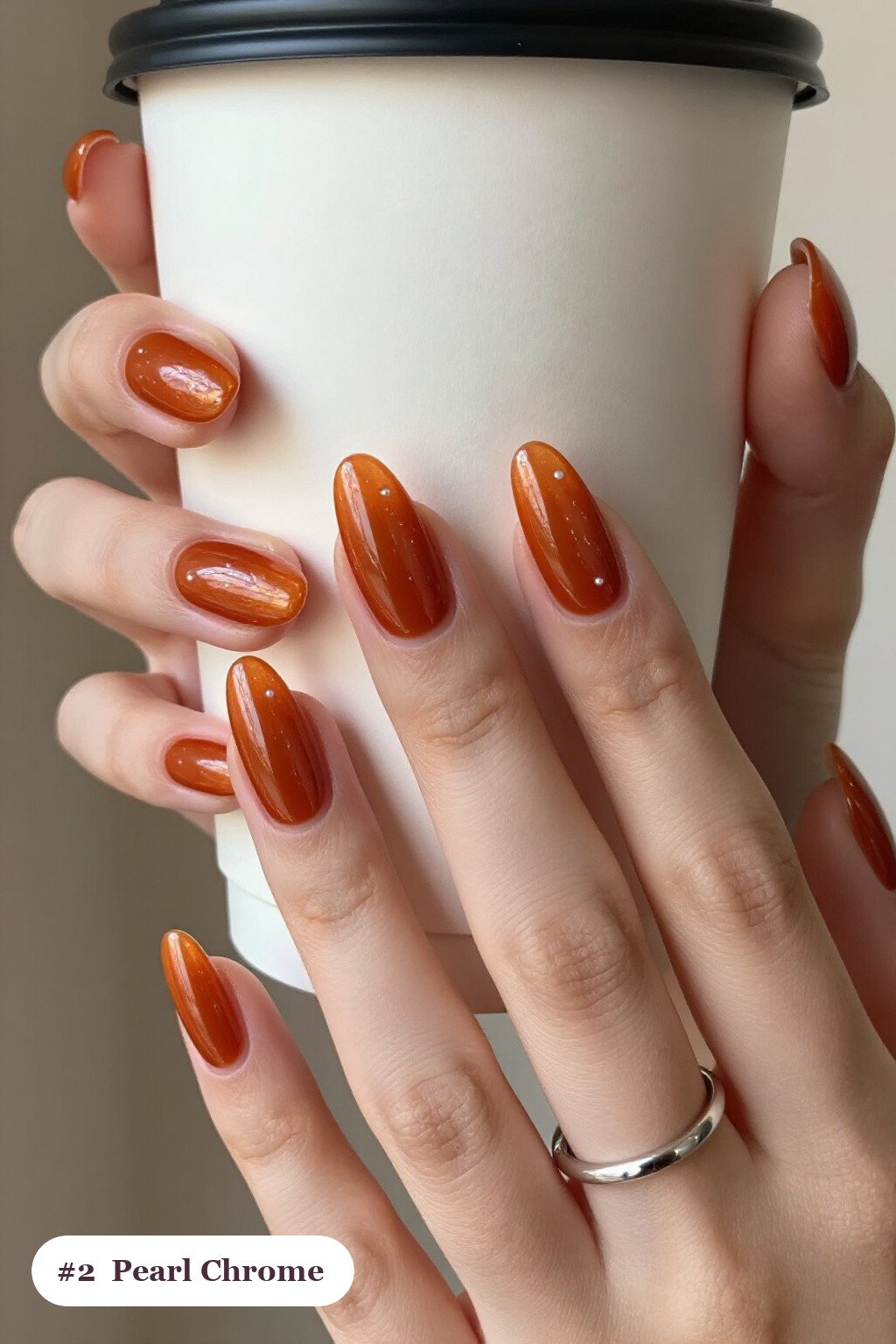 Burnt Orange Pearl Chrome Almond Nails for Autumn Glam - thanksgiving nail designs fall