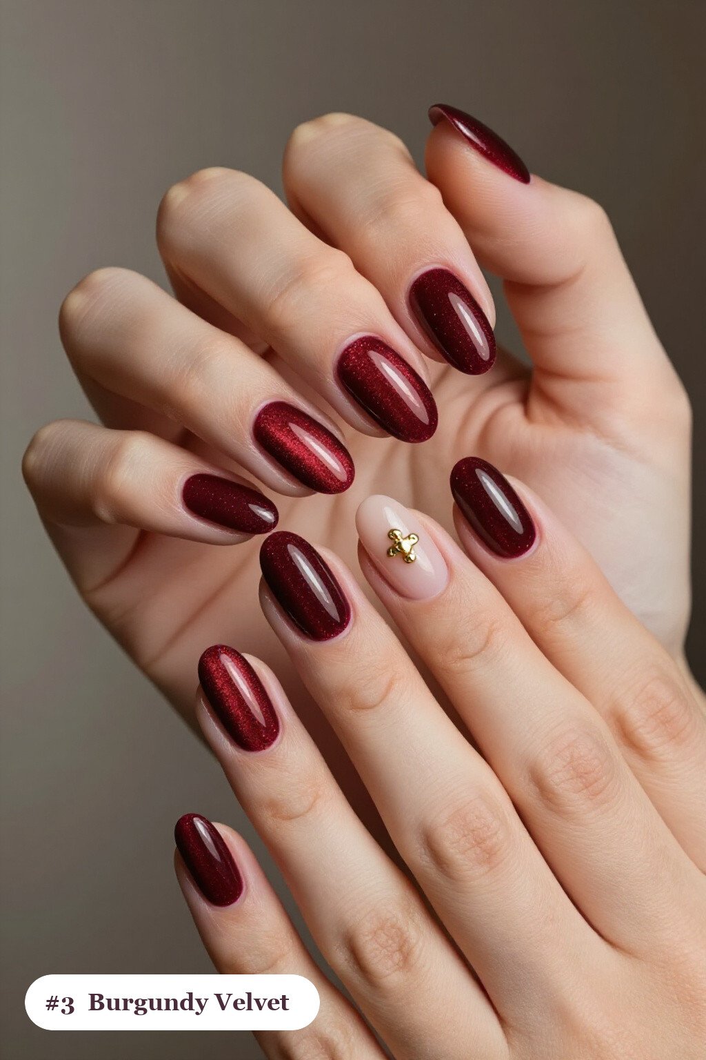 Burgundy Velvet Shimmer Coffin with Gold Charm Accent - thanksgiving nail designs fall