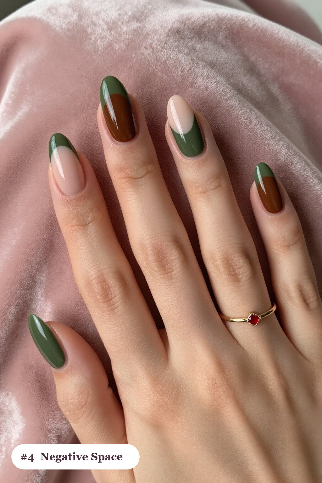 Olive Green Negative‑Space Almond Nails with Nude Windows - thanksgiving nail designs fall