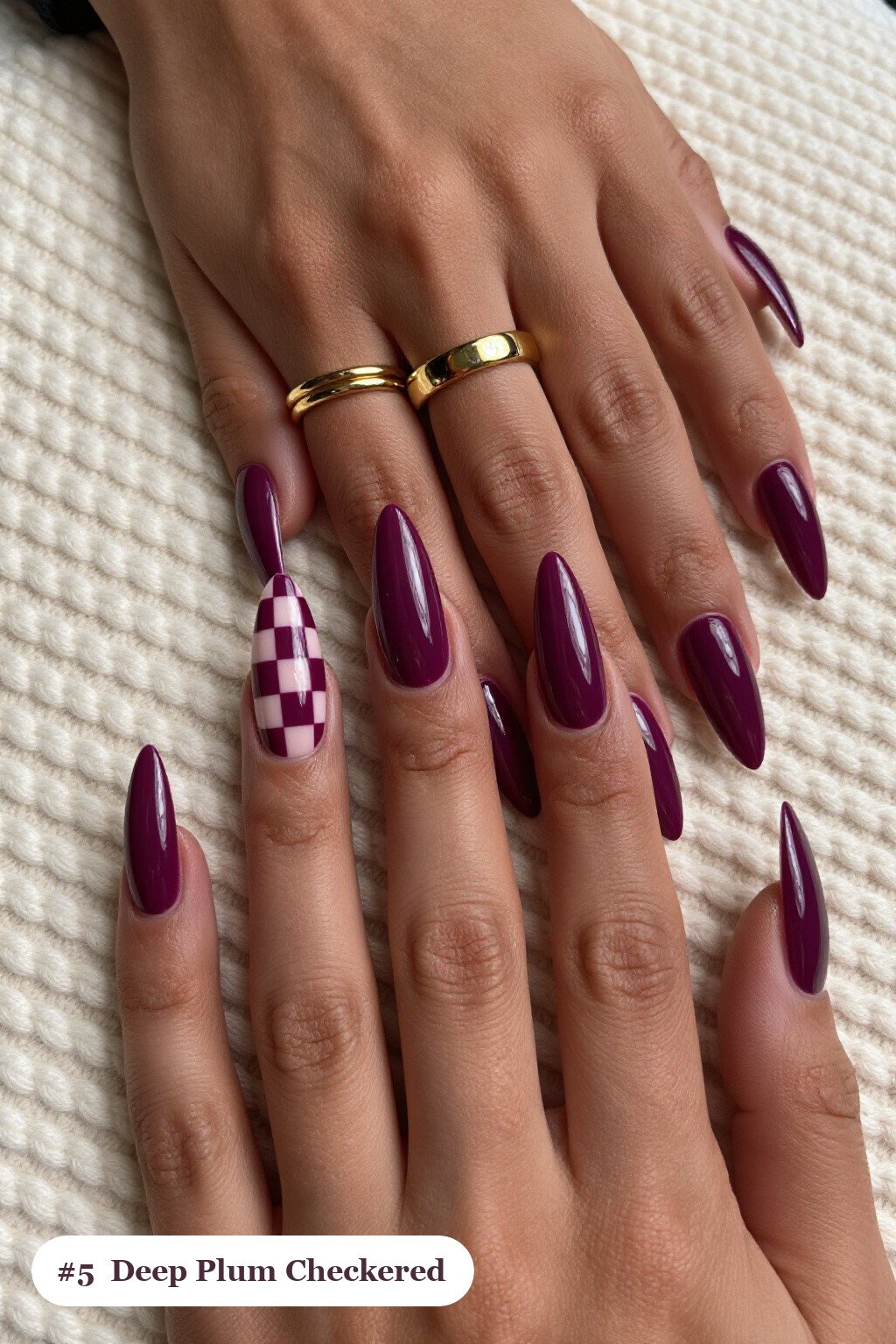 Deep Plum Checkerboard Stiletto Nails with Accent Details - thanksgiving nail designs fall