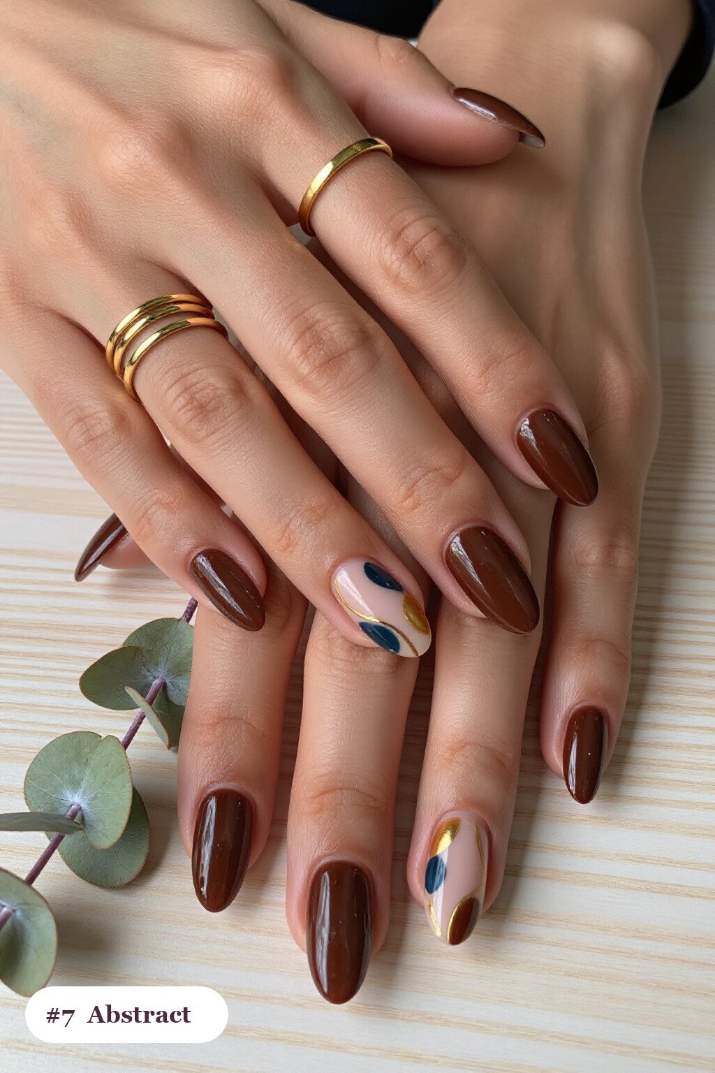Chocolate Brown Abstract Art Ballerina Nails with Gold Accents - thanksgiving nail designs fall