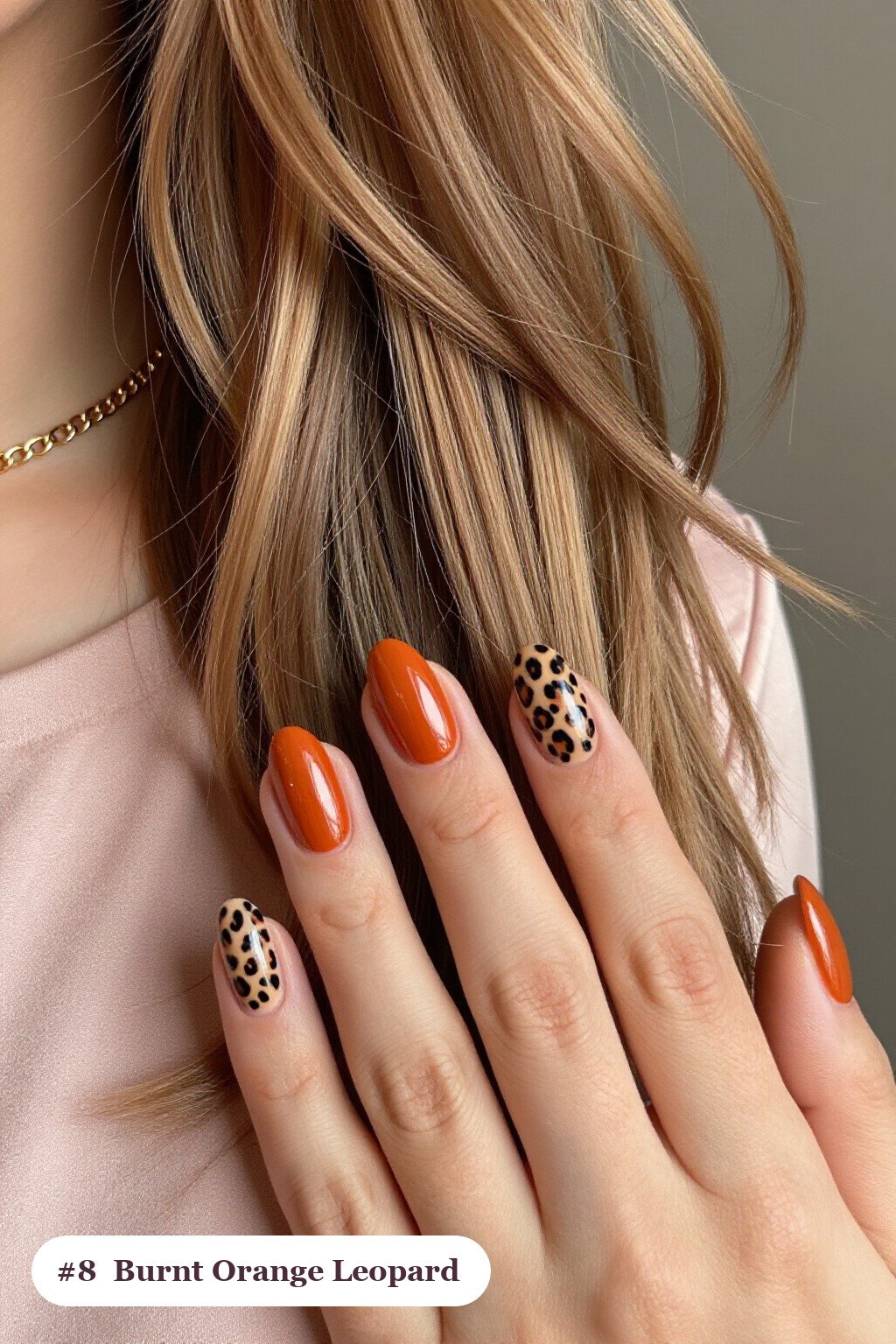 Burnt Orange Leopard Print Oval Nails with Solid Base - thanksgiving nail designs fall