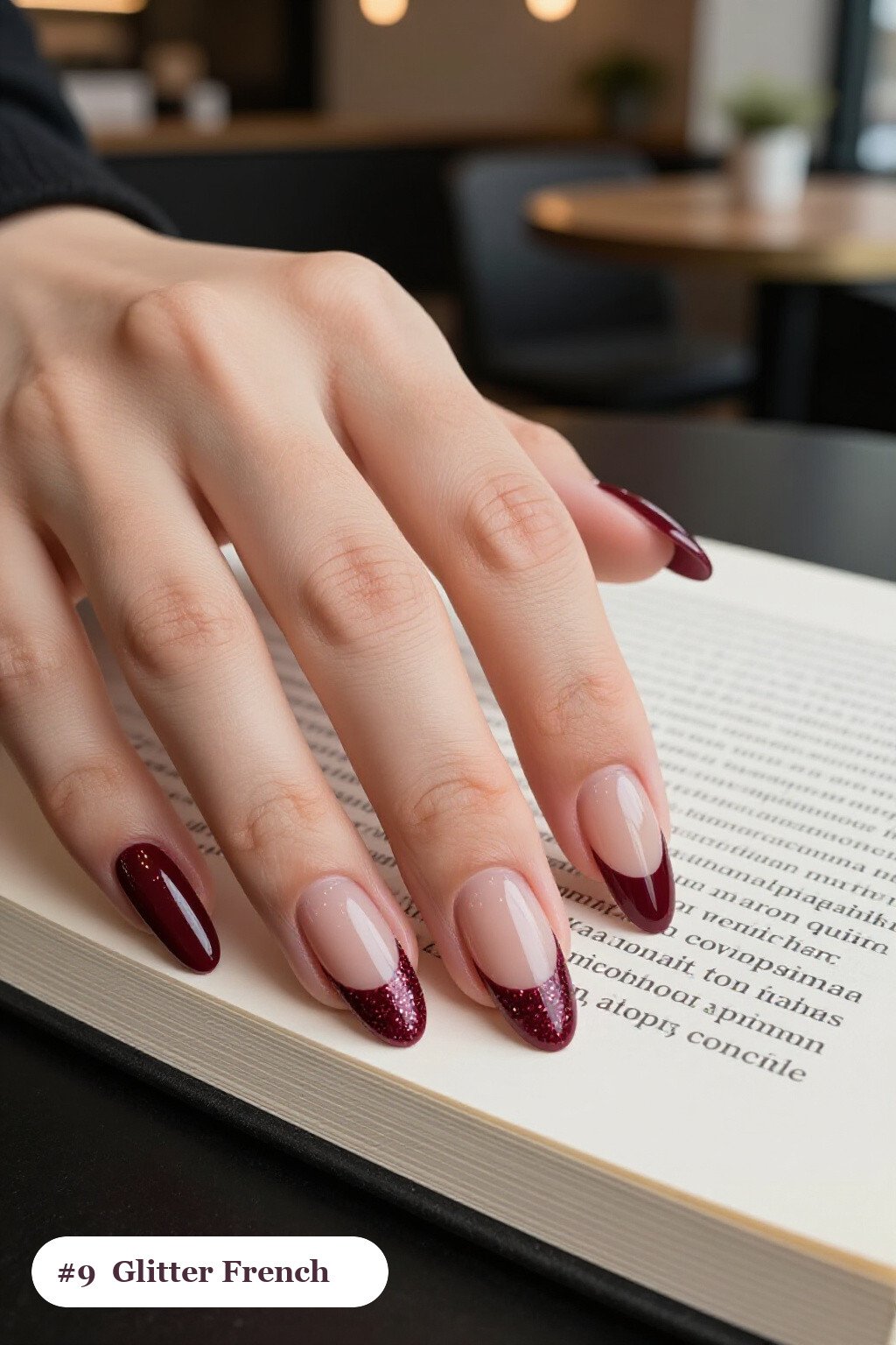Burgundy Glitter French Tip Coffin Nails on Nude Base - thanksgiving nail designs fall