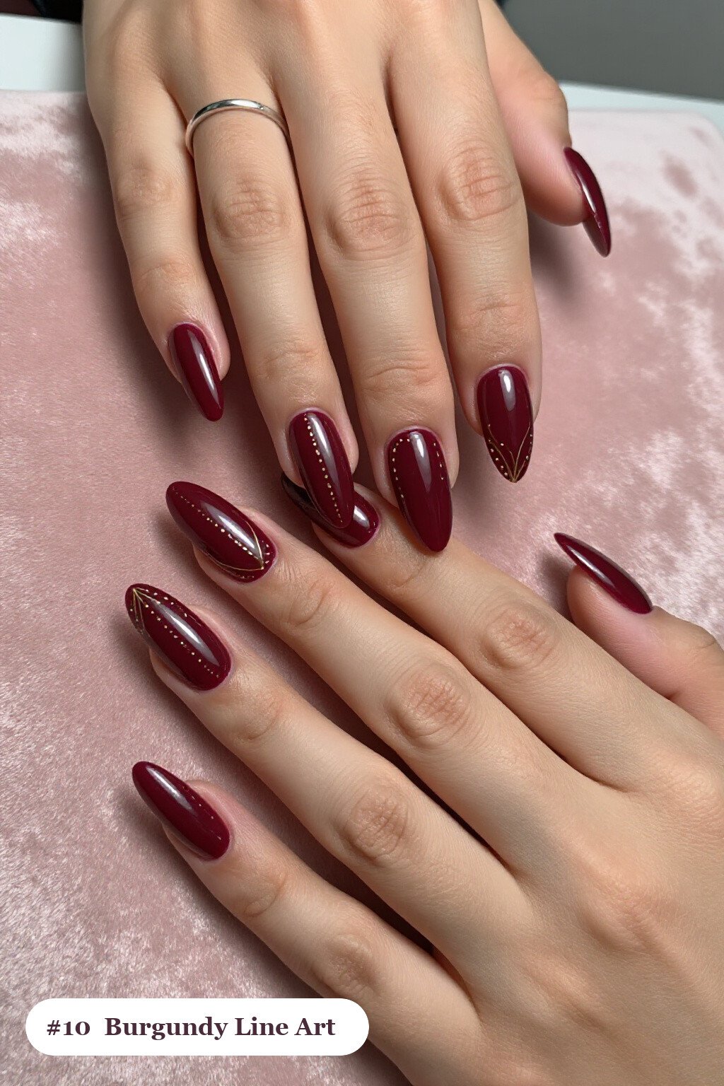 Burgundy Ballerina Nails with Fine Gold Line Art & Tiny Dots: Thanksgiving Nail Ideas Autumn - thanksgiving nail ideas autumn Burgundy Ballerina Nails with Fine Gold Line Art & Tiny Dots: Thanksgiving Nail Ideas Autumn - thanksgiving nail ideas autumn