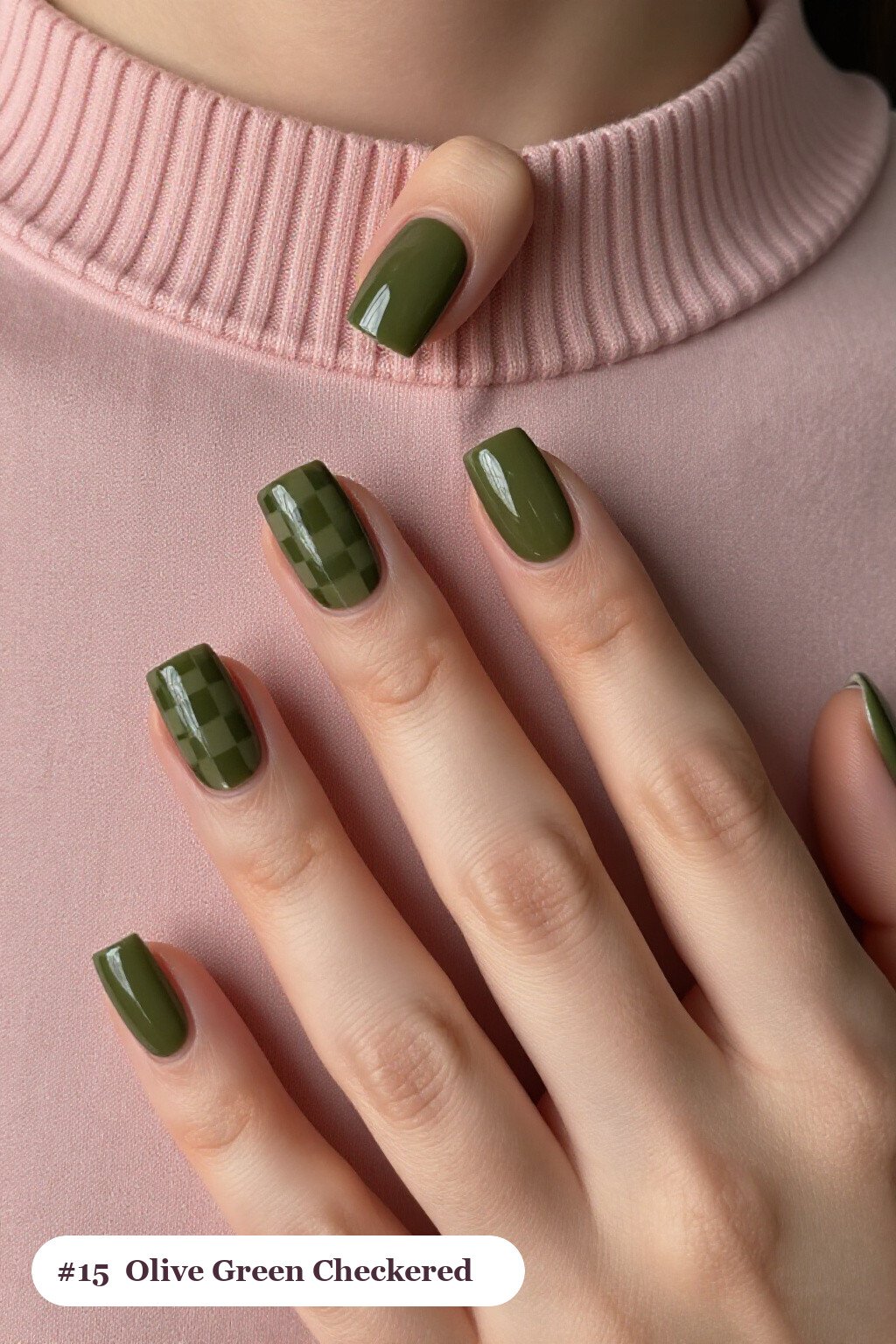 Olive Green Squares with Bold Checkerboard Accents: On Short Nails - thanksgiving nail ideas autumn Olive Green Squares with Bold Checkerboard Accents: On Short Nails - thanksgiving nail ideas autumn