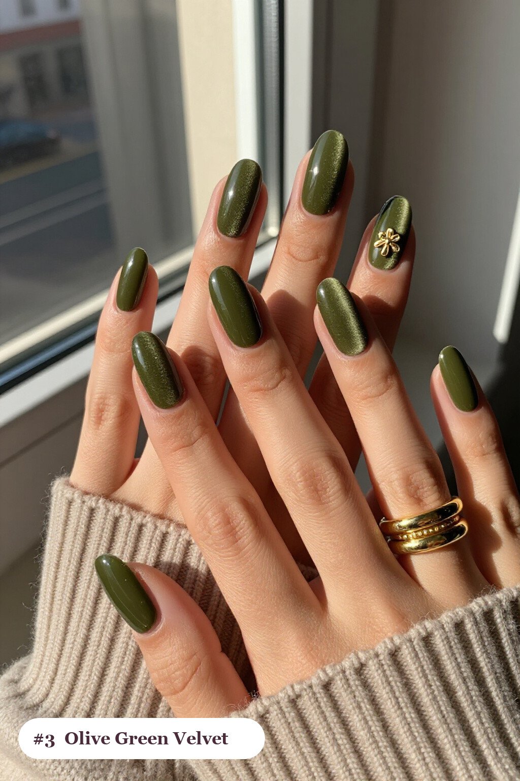Olive Green Velvet Shimmer Coffin Nails with Gold Charm Accent - thanksgiving nail ideas autumn Olive Green Velvet Shimmer Coffin Nails with Gold Charm Accent - thanksgiving nail ideas autumn