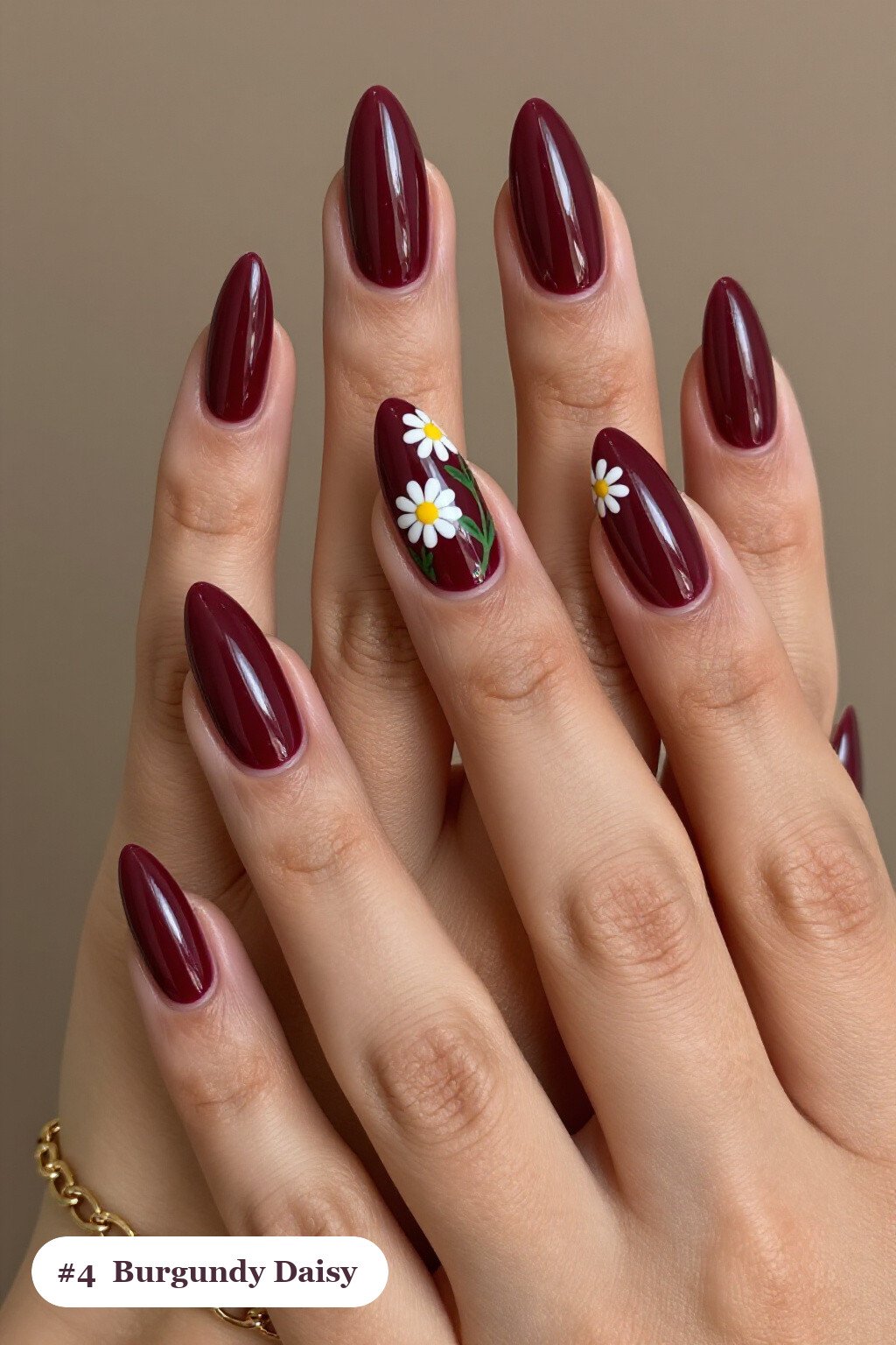 Burgundy Stiletto Nails Hand‑Painted with Daisies & Green Leaves - thanksgiving nail ideas autumn Burgundy Stiletto Nails Hand‑Painted with Daisies & Green Leaves - thanksgiving nail ideas autumn