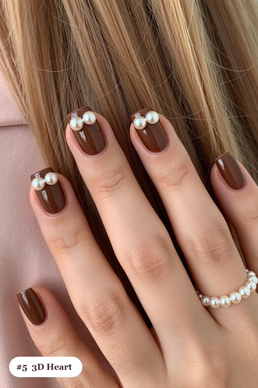 Chocolate Brown Squares Decorated with Chunky 3D Hearts & Pearls - thanksgiving nail ideas autumn Chocolate Brown Squares Decorated with Chunky 3D Hearts & Pearls - thanksgiving nail ideas autumn
