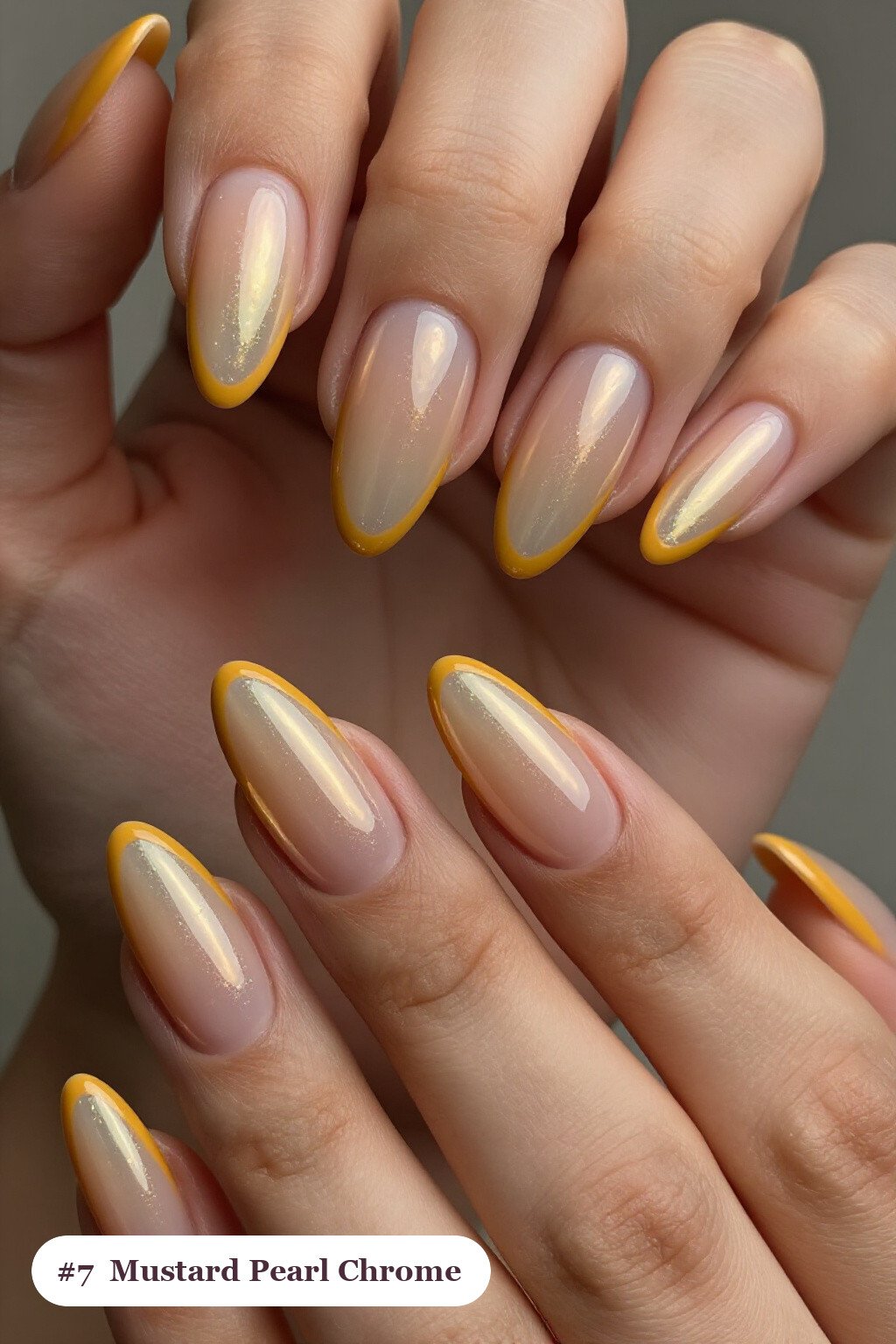Mustard Almond Nails with Glazed Pearl Chrome Iridescent Sheen: Thanksgiving Nail Ideas Autumn - thanksgiving nail ideas autumn Mustard Almond Nails with Glazed Pearl Chrome Iridescent Sheen: Thanksgiving Nail Ideas Autumn - thanksgiving nail ideas autumn