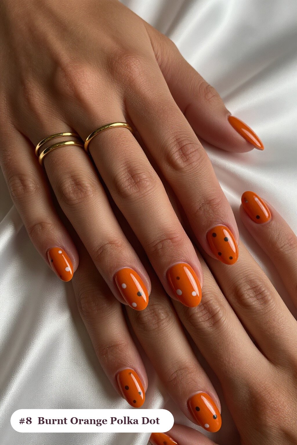 Burnt Orange Ovals Featuring Playful Two‑Tone Polka Dots - thanksgiving nail ideas autumn Burnt Orange Ovals Featuring Playful Two‑Tone Polka Dots - thanksgiving nail ideas autumn