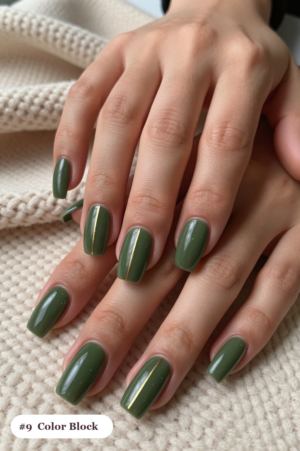 Olive Green Square Nails Color‑Block Split with Thin Gold Line - thanksgiving nail ideas autumn Olive Green Square Nails Color‑Block Split with Thin Gold Line - thanksgiving nail ideas autumn