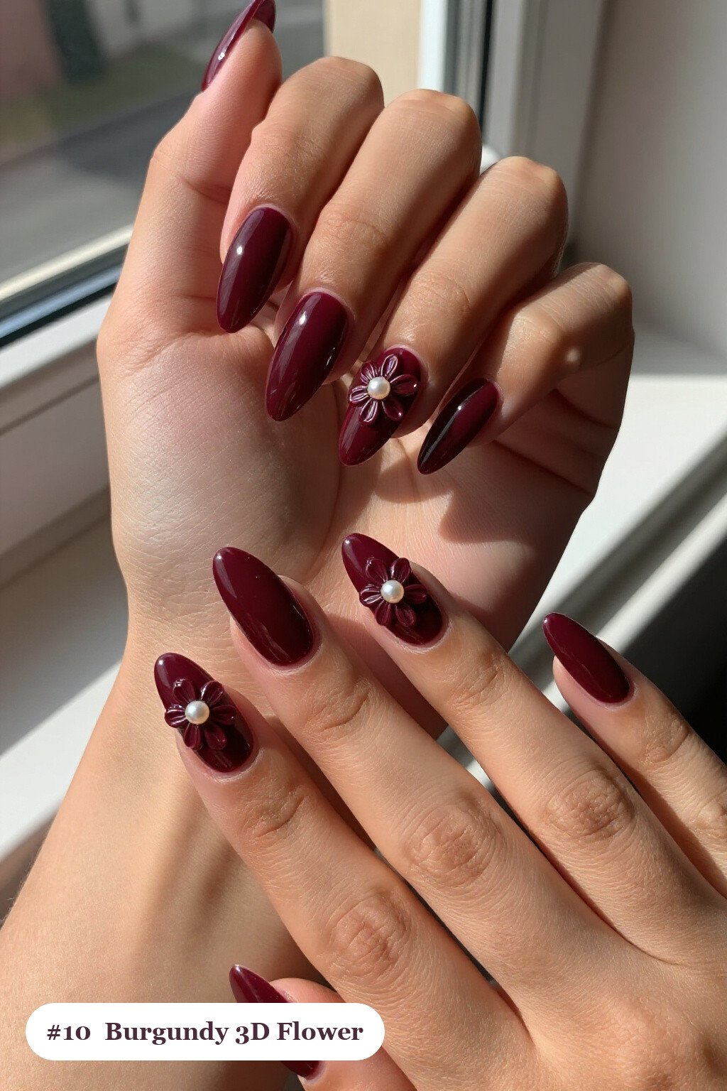 Burgundy Coffin Nails with 3D Pearl‑Center Flowers: How to Make Them Last Longer - thanksgiving nails ideas