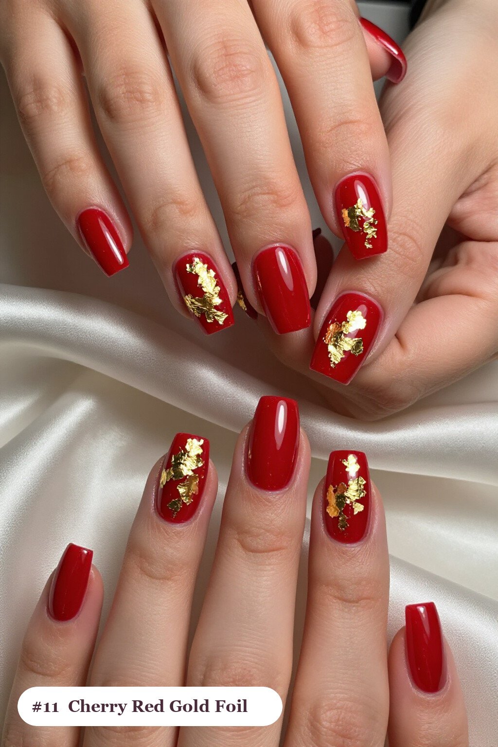Cherry Red Squares Drenched in Gold Foil Flakes and Leaf - thanksgiving nails ideas