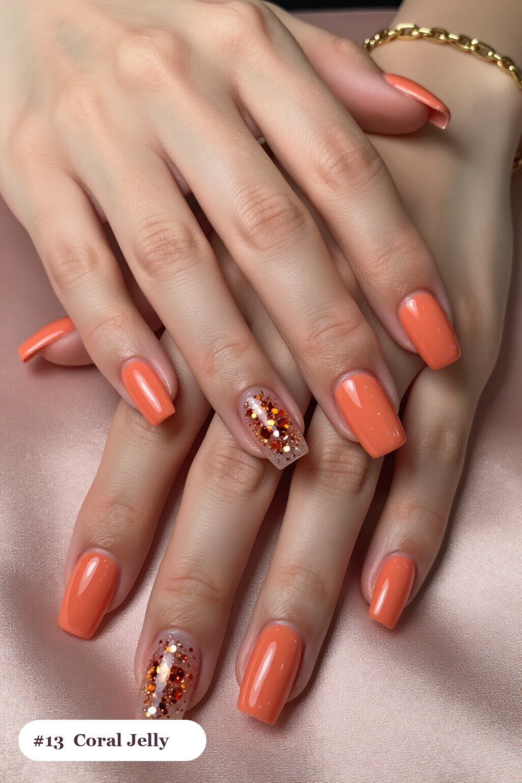 Coral Squares in Transparent Jelly Finish with Encapsulated Glitter: On Short Nails - thanksgiving nails ideas