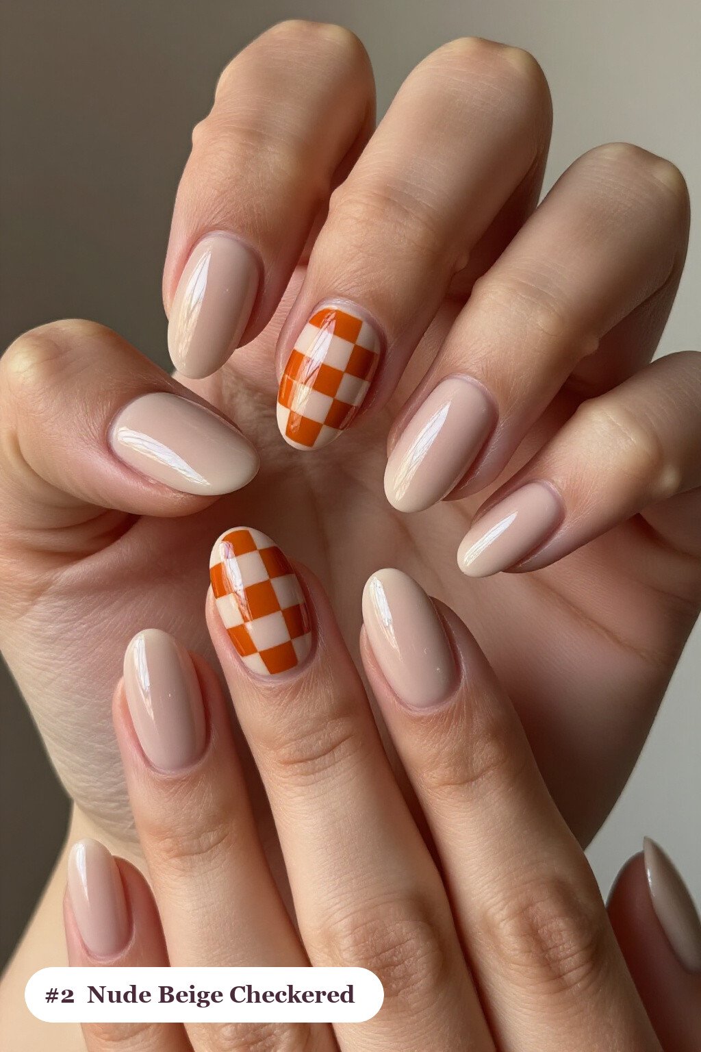 Nude Beige Ovals with Bold Checkerboard Accents - thanksgiving nails ideas