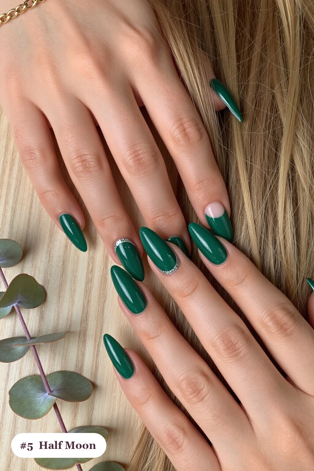 Emerald Green Stiletto Half‑Moon with Glitter Crescent - thanksgiving nails ideas