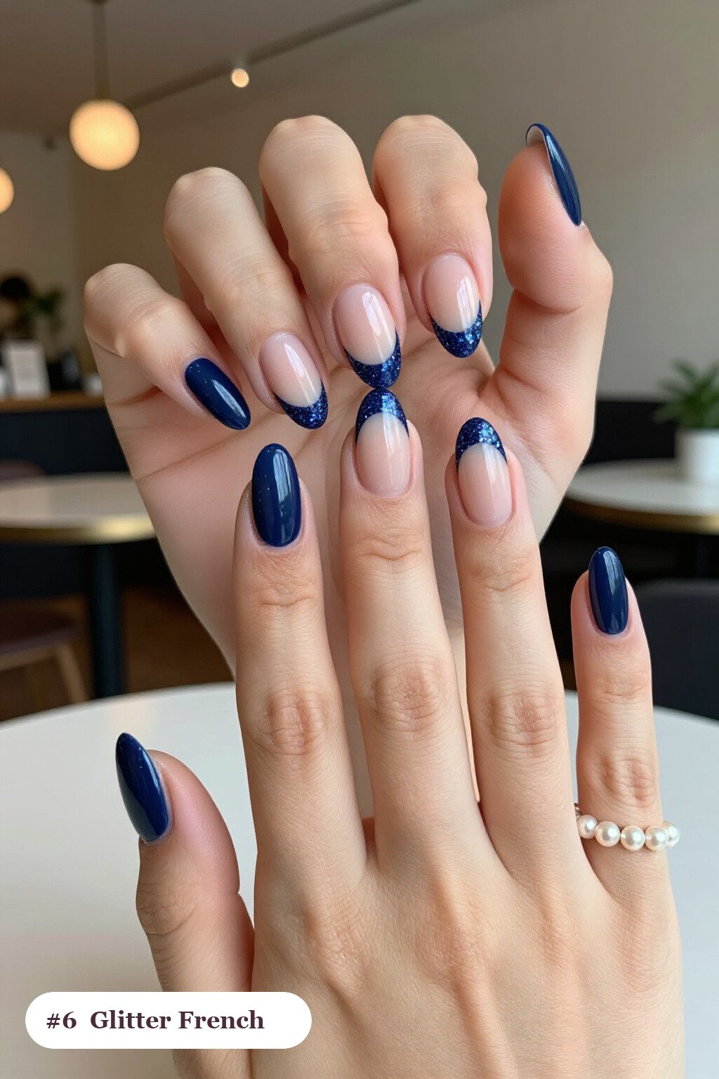 Navy Blue Almond Nails with Glitter French Tips: Best Shades for Every Season - thanksgiving nails ideas