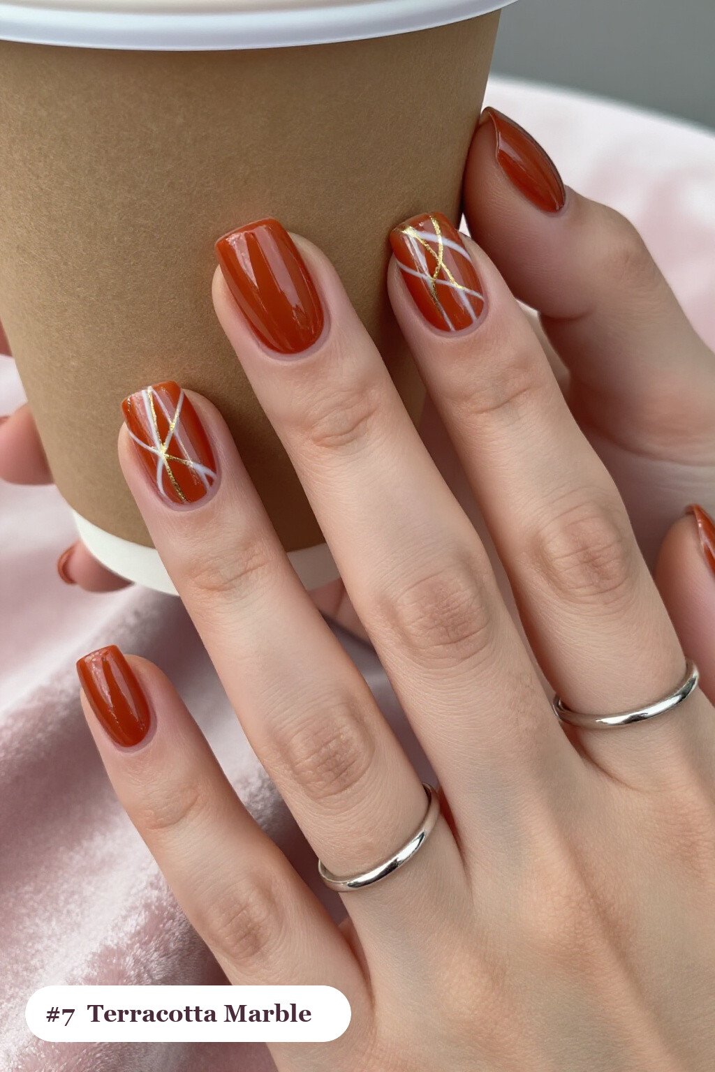 Terracotta Squares with White‑Gold Marble Veins - thanksgiving nails ideas