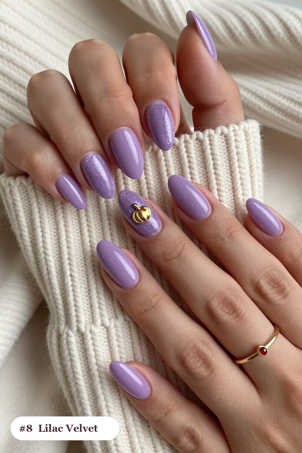 Lilac Coffin Nails in Velvet Shimmer with Gold‑Charm Accent - thanksgiving nails ideas