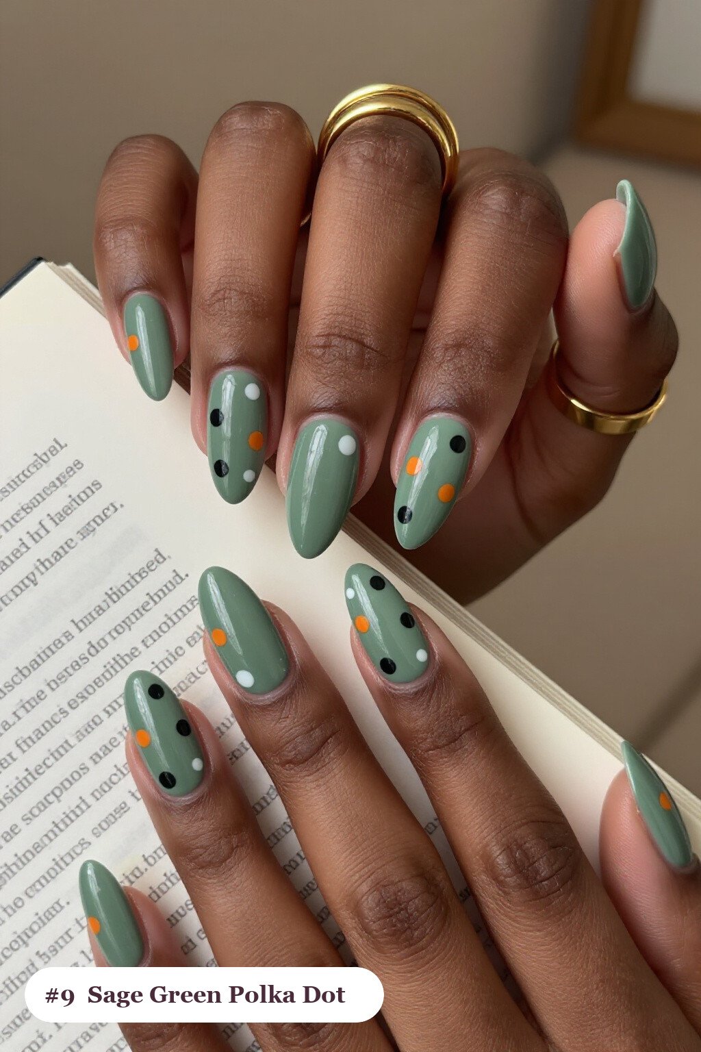 Sage Green Almonds Covered in Playful Two‑Tone Polka Dots - thanksgiving nails ideas
