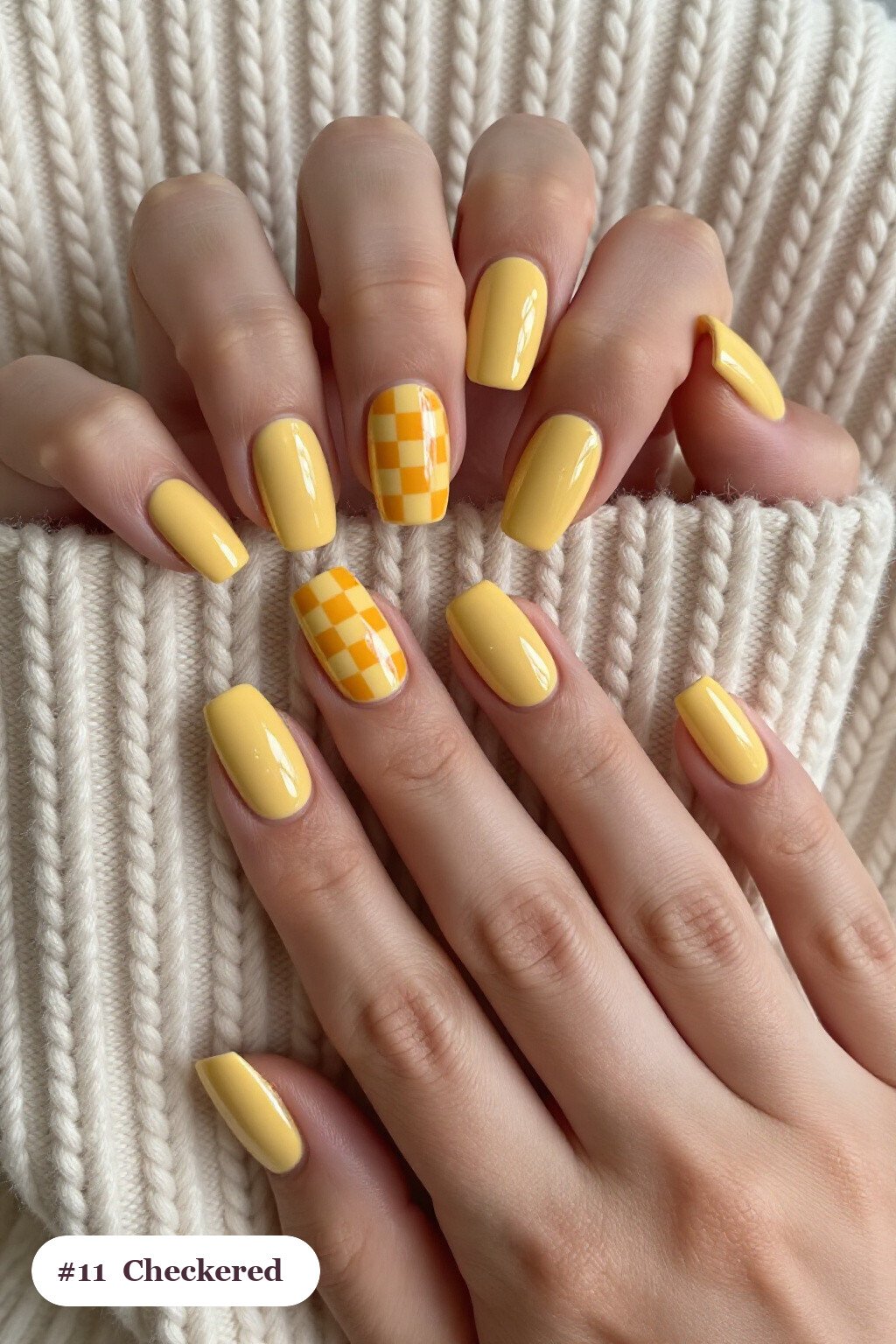 Butter Yellow Coffin Nails Featuring Bold Checkerboard Accents - thanksgiving turkey nail designs