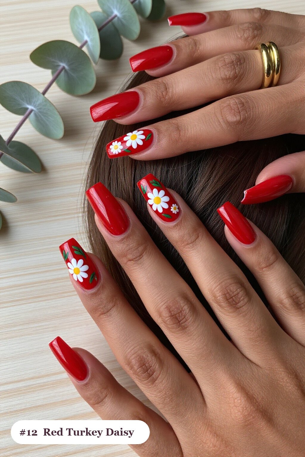 Cherry Red Square Nails Adorned with Hand‑Painted Daisies and Leaves - thanksgiving turkey nail designs