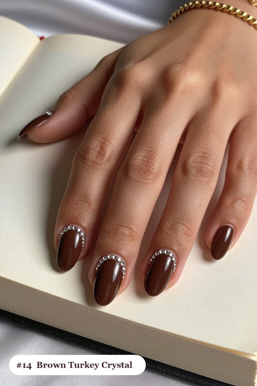 Chocolate Brown Oval Nails Embellished with Crystal Rhinestone Rows - thanksgiving turkey nail designs