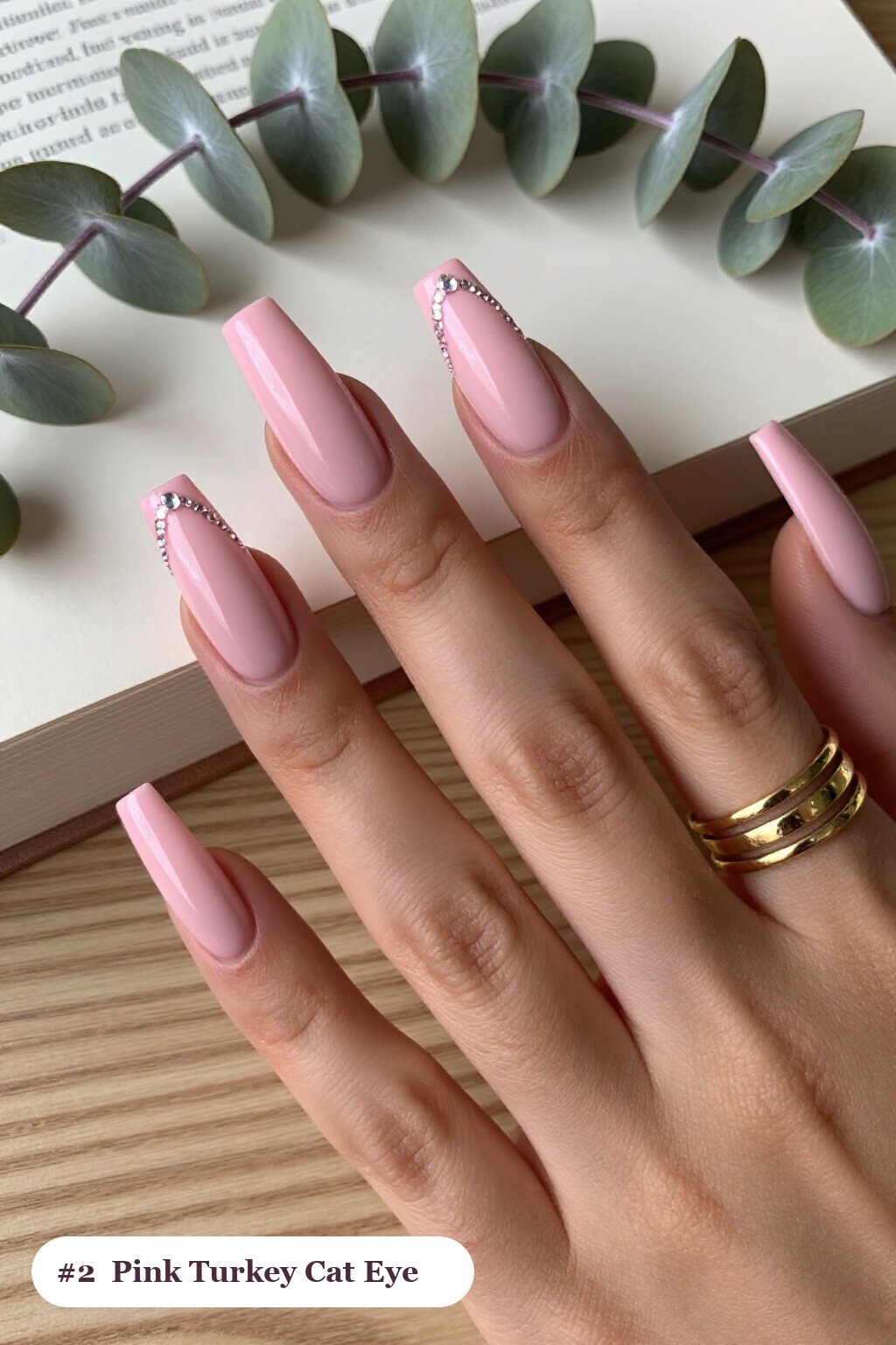 Baby Pink Square Nails with Gemstone‑Like Shimmer Band - thanksgiving turkey nail designs
