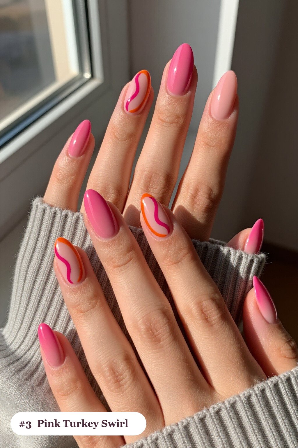 Hot Pink Almond Nails with Swirl Lines: Thanksgiving Turkey Nail Designs - thanksgiving turkey nail designs