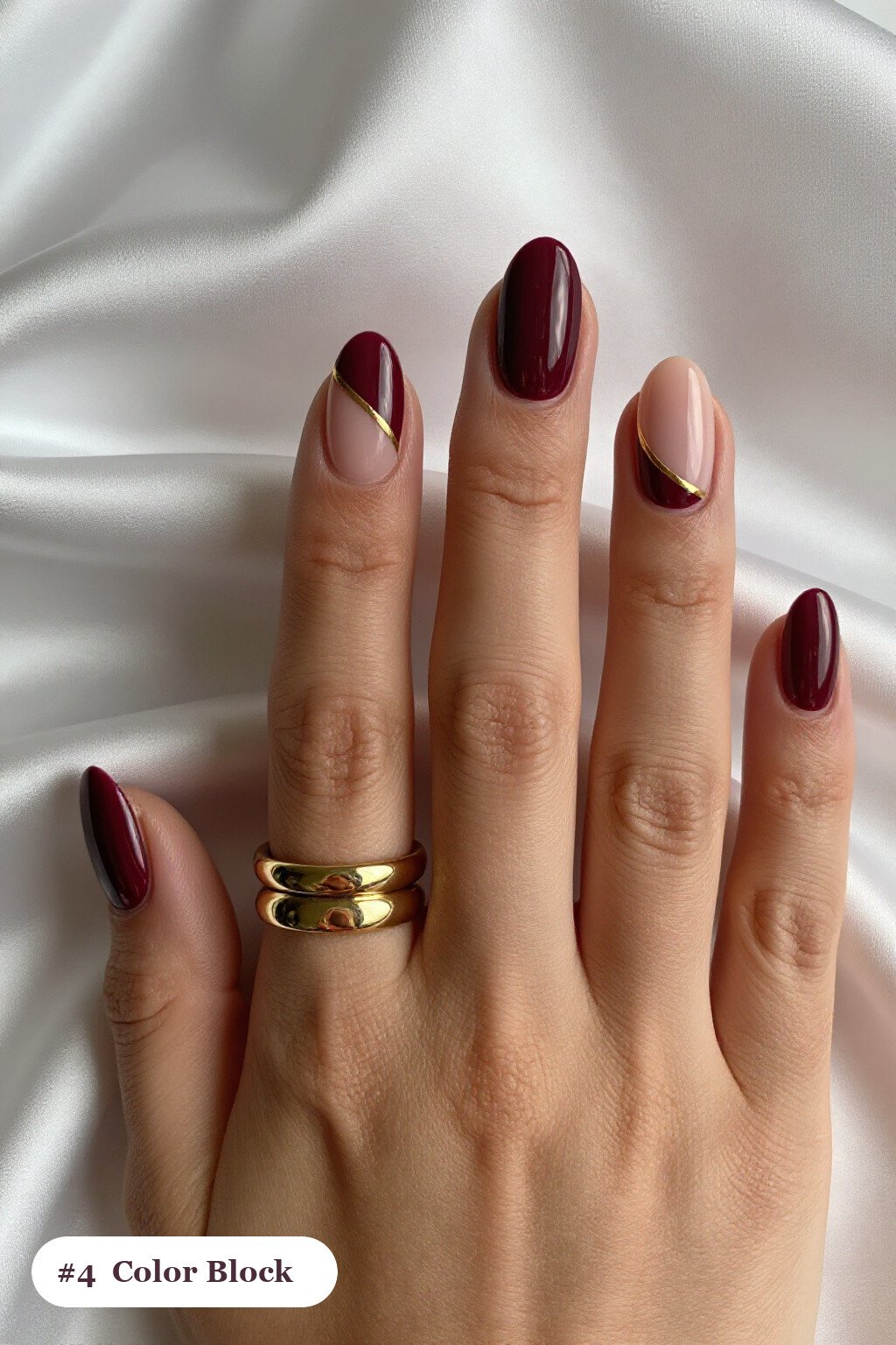Burgundy Oval Nails with Diagonal Colour‑Block and Gold Accents - thanksgiving turkey nail designs