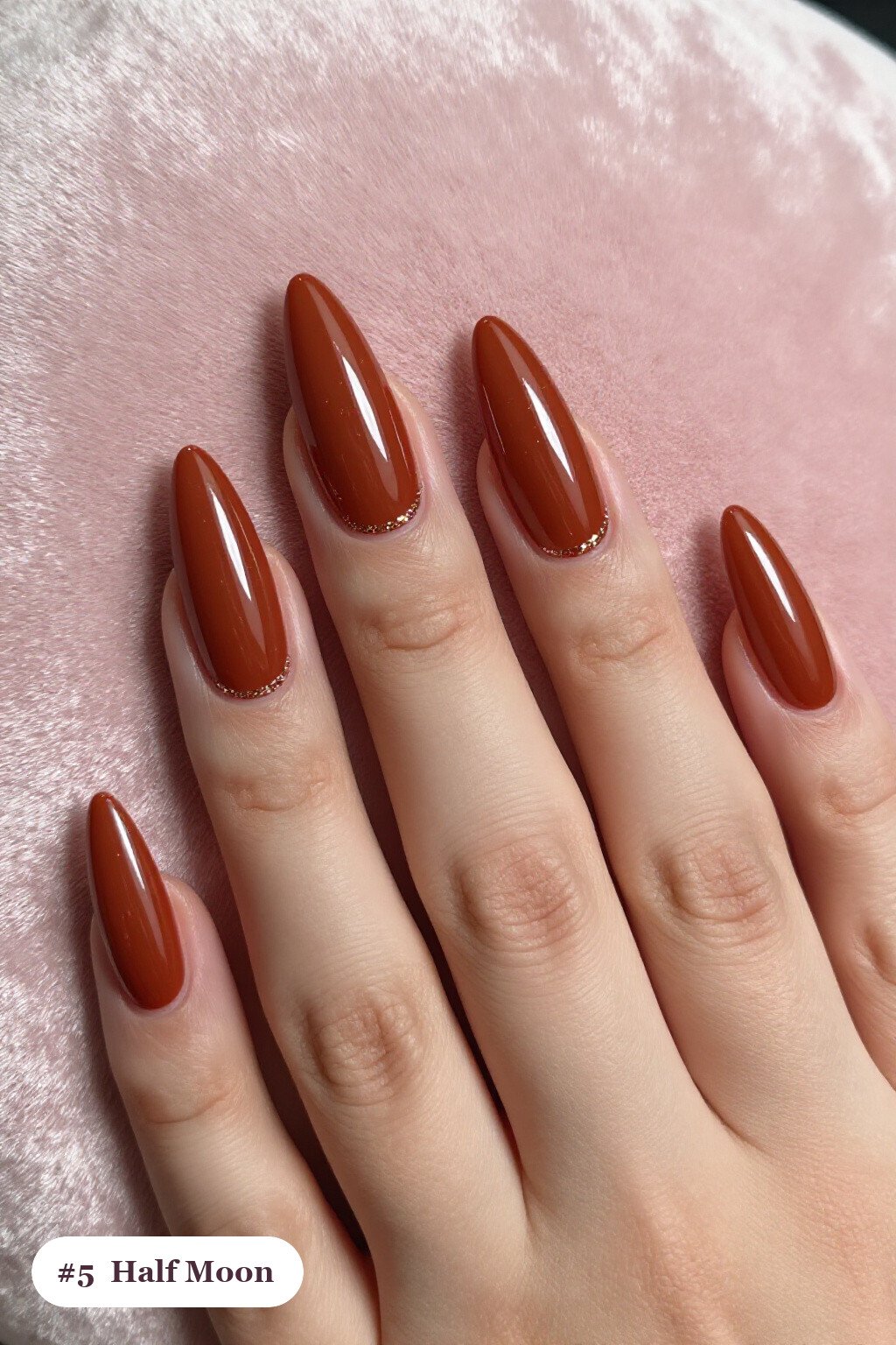 Terracotta Stiletto Nails with Half‑Moon Glitter Crescent: Thanksgiving Turkey Nail Designs - thanksgiving turkey nail designs
