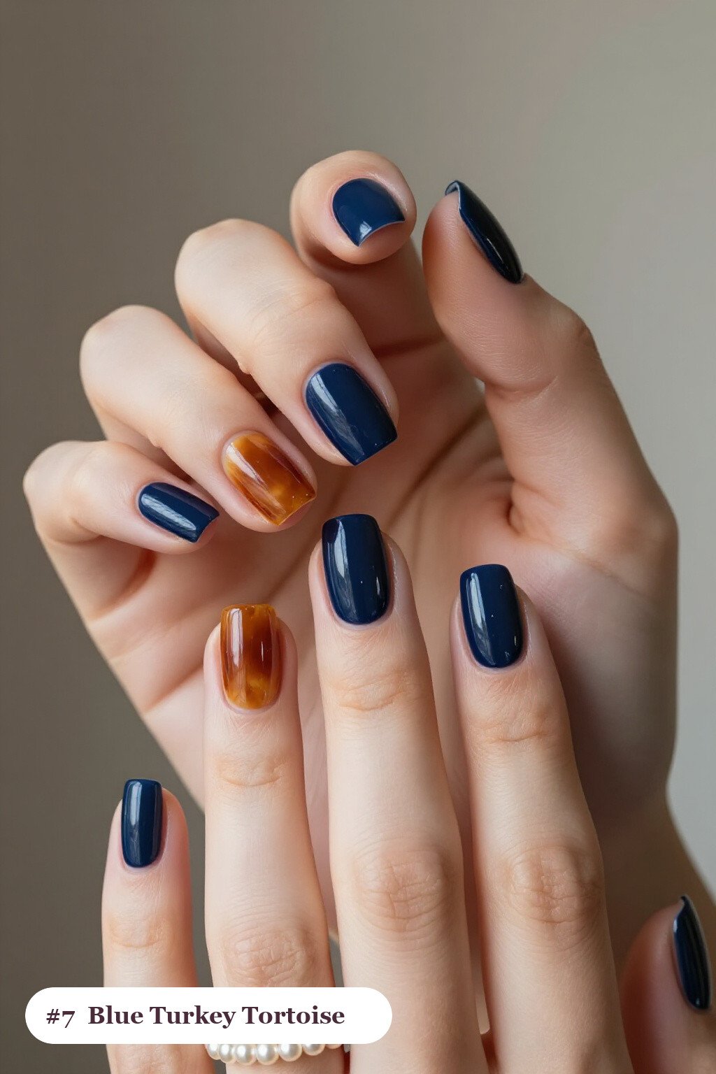 Navy Blue Short Square Nails with Amber Tortoiseshell Accents - thanksgiving turkey nail designs