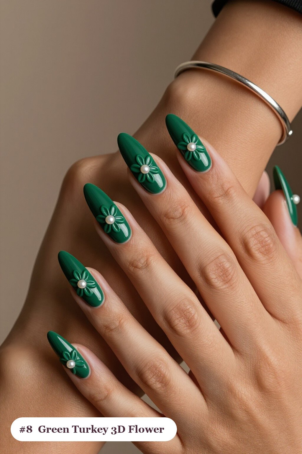 Emerald Green Coffin Nails with 3D Pearl Flowers: Best Shades for Every Season - thanksgiving turkey nail designs