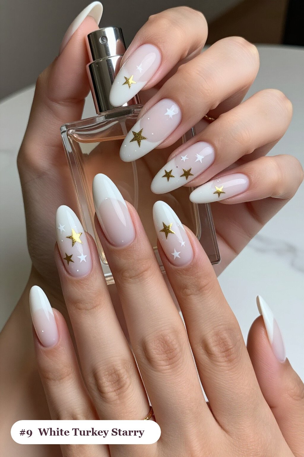 Milky White Ballerina Nails Covered in White and Gold Stars - thanksgiving turkey nail designs