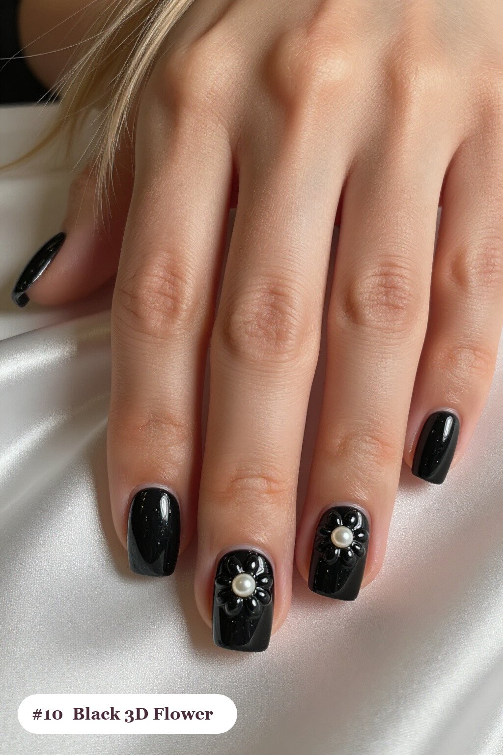 Short Square Black Nails with 3D Floral Accents: On Short Nails - trendy halloween nails Short Square Black Nails with 3D Floral Accents: On Short Nails - trendy halloween nails