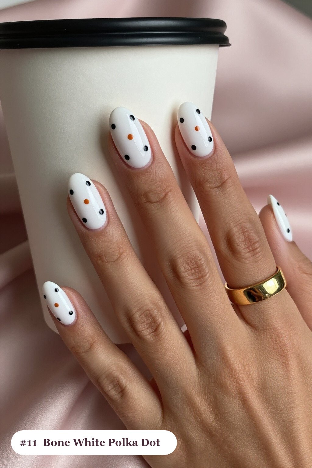 Medium Oval Bone White Nails with Playful Two‑Colour Polka Dots - trendy halloween nails Medium Oval Bone White Nails with Playful Two‑Colour Polka Dots - trendy halloween nails