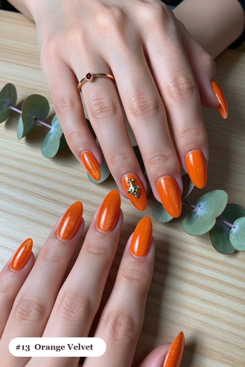 Long Ballerina Orange Velvet Shimmer Nails with Gold Charm Accent - trendy halloween nails Long Ballerina Orange Velvet Shimmer Nails with Gold Charm Accent - trendy halloween nails