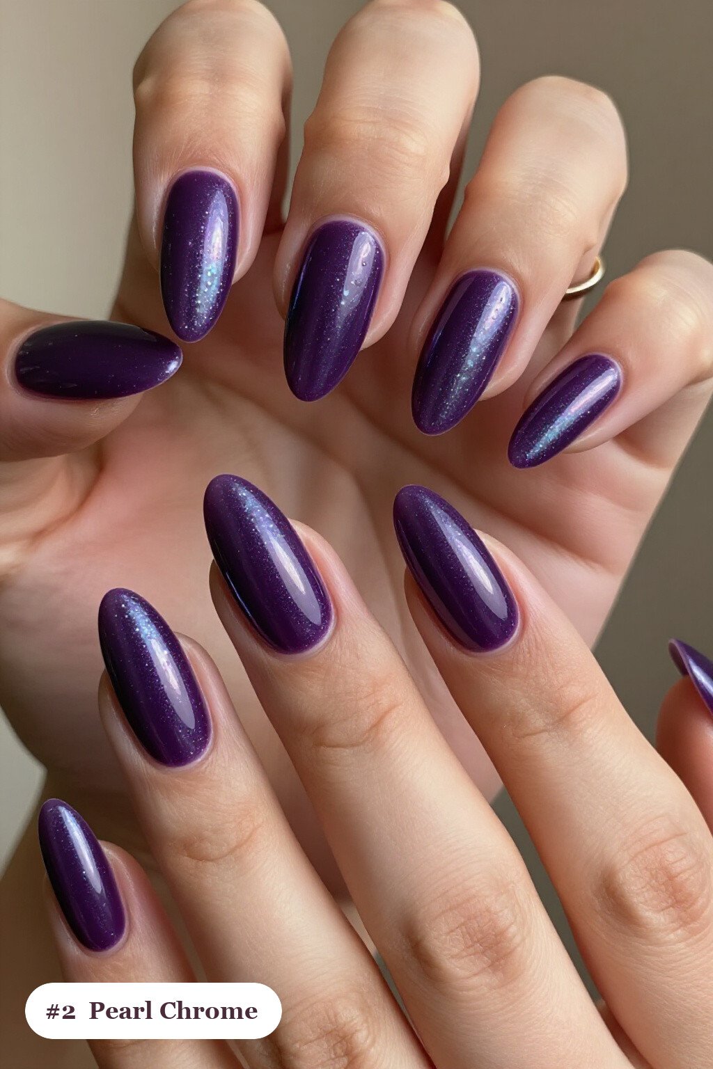 Glazed Pearl Chrome on Long Almond Deep Purple Nails for a Haunting Shine - trendy halloween nails Glazed Pearl Chrome on Long Almond Deep Purple Nails for a Haunting Shine - trendy halloween nails