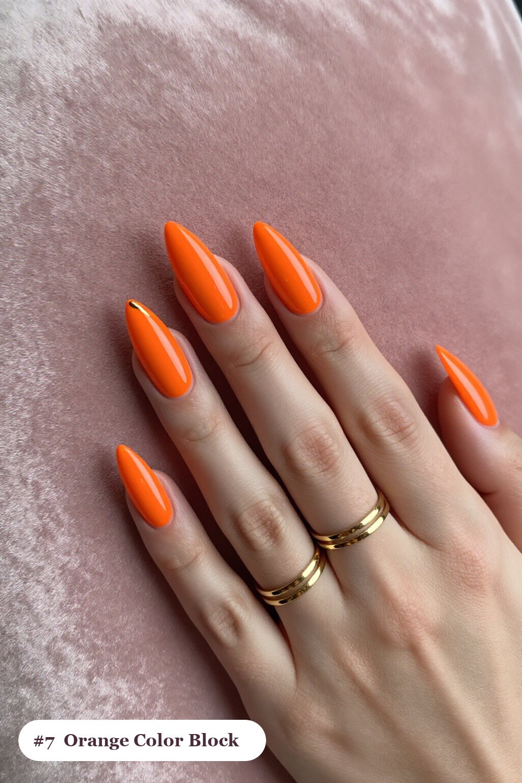 Long Stiletto Orange Color‑Block Nails with Thin Gold Line: Best Shades for Every Season - trendy halloween nails Long Stiletto Orange Color‑Block Nails with Thin Gold Line: Best Shades for Every Season - trendy halloween nails