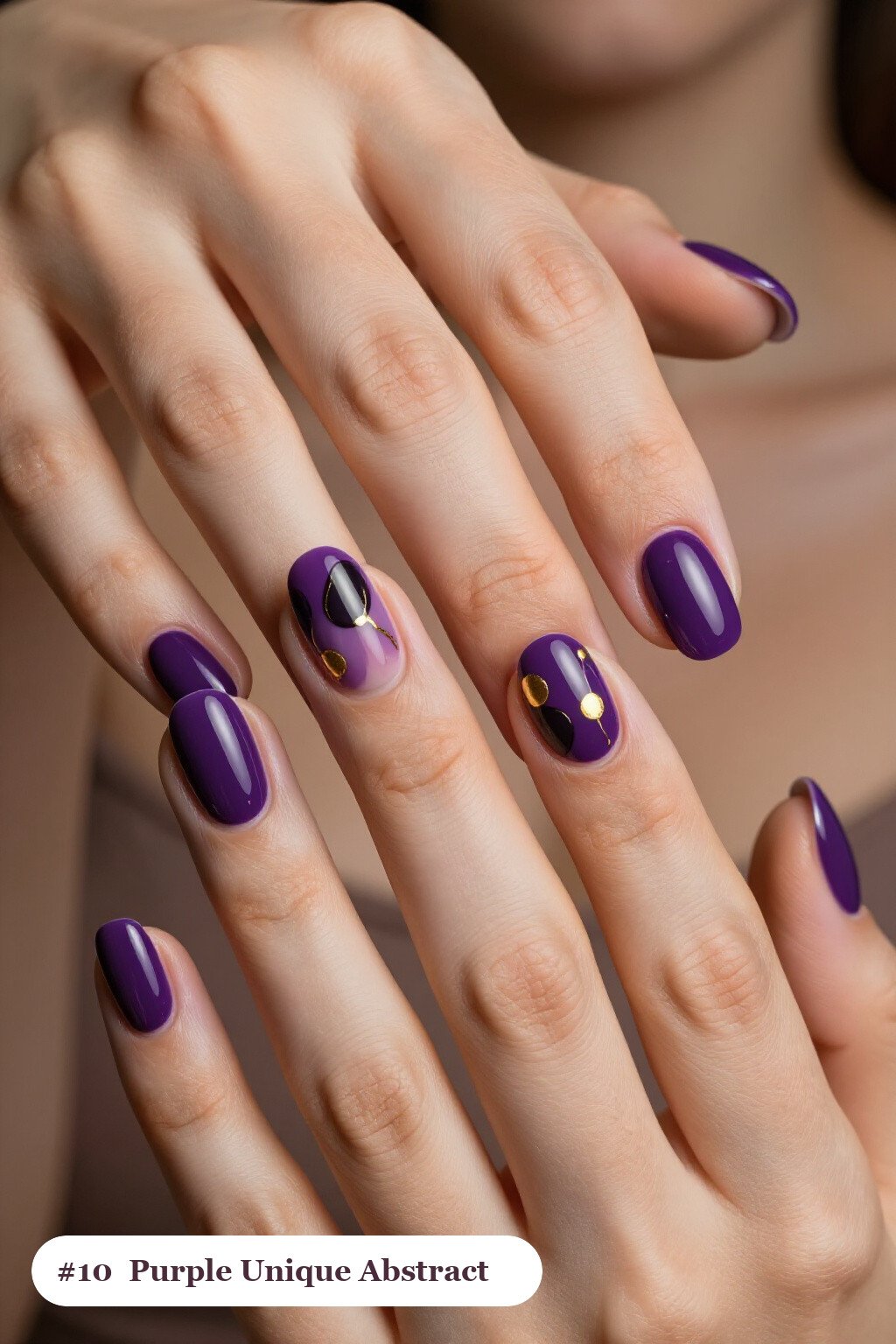 Short Square Deep Purple Nails with Abstract Color Blobs, Gold Outlines and Dots: On Short Nails - unique halloween nails Short Square Deep Purple Nails with Abstract Color Blobs, Gold Outlines and Dots: On Short Nails - unique halloween nails