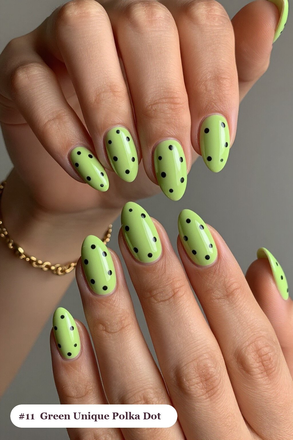 Medium Almond Lime Green Nails with Playful Two‑Tone Polka Dots - unique halloween nails Medium Almond Lime Green Nails with Playful Two‑Tone Polka Dots - unique halloween nails